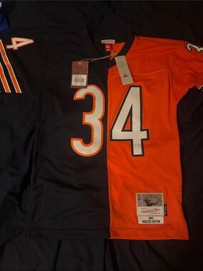 Mitchell & Ness Split Walter Payton Orange and Navy #34 Football Jersey